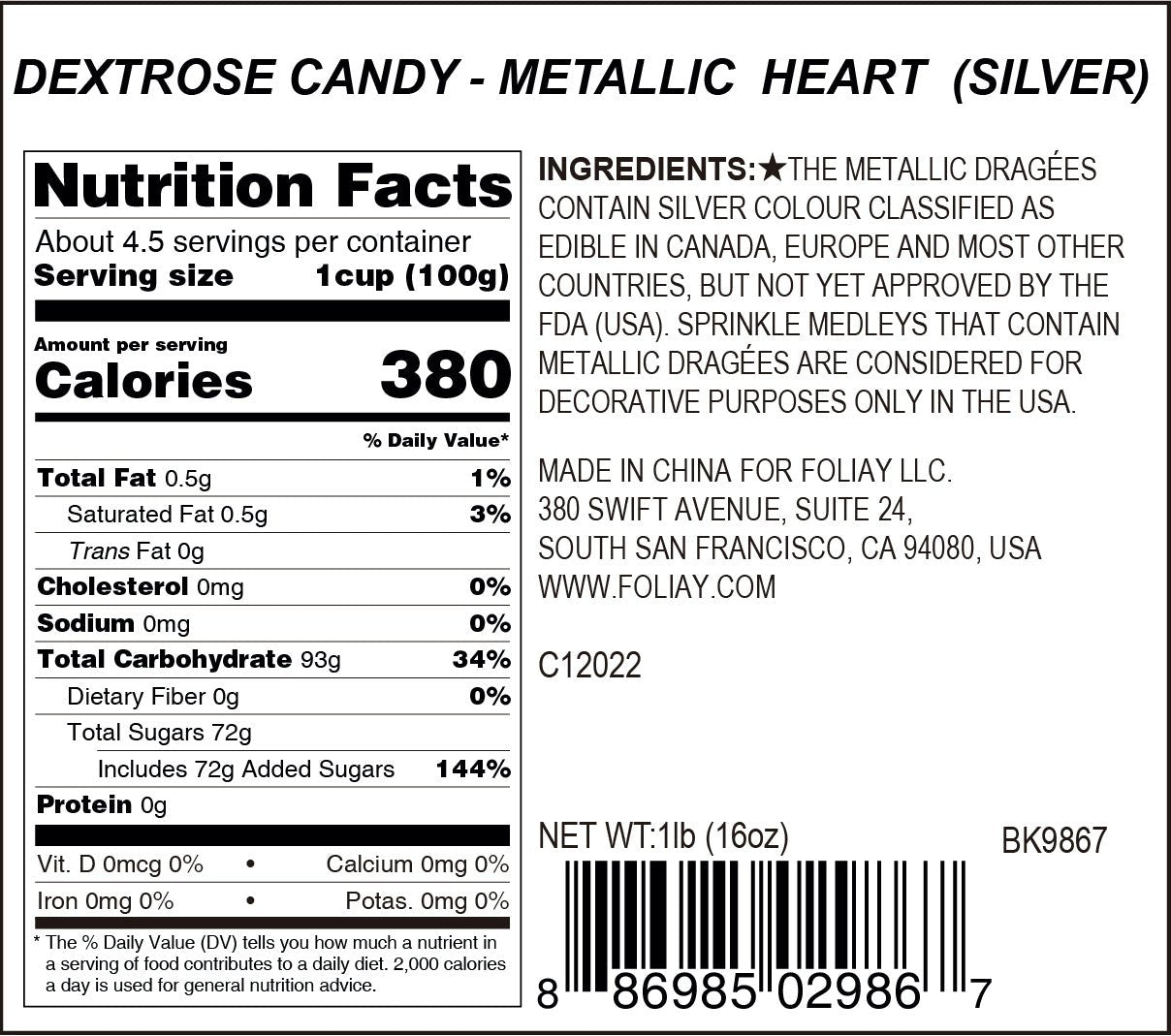 Metallic Silver Heart Candy Sprinkles